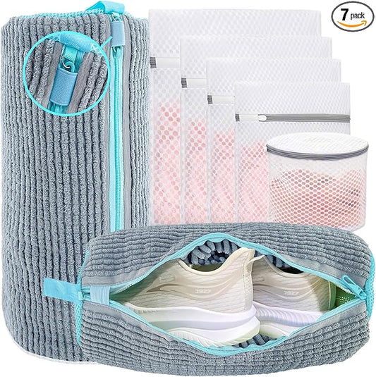 XXL Shoe Washing Machine Bag - Reusable Shoes Cleaning Bags for Washer And Dryer, Durable Zipper Laundry Shoe Bag 360° Deep Clean Sneaker Tennis Include Delicate Laundry Bag/Bra Laundry Bags (Gray)
