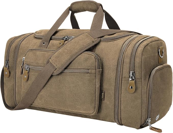 Gonex Canvas Duffle Bag 60L Travel Duffel Overnight Weekend Bag with Shoe Compartment (Coffee)