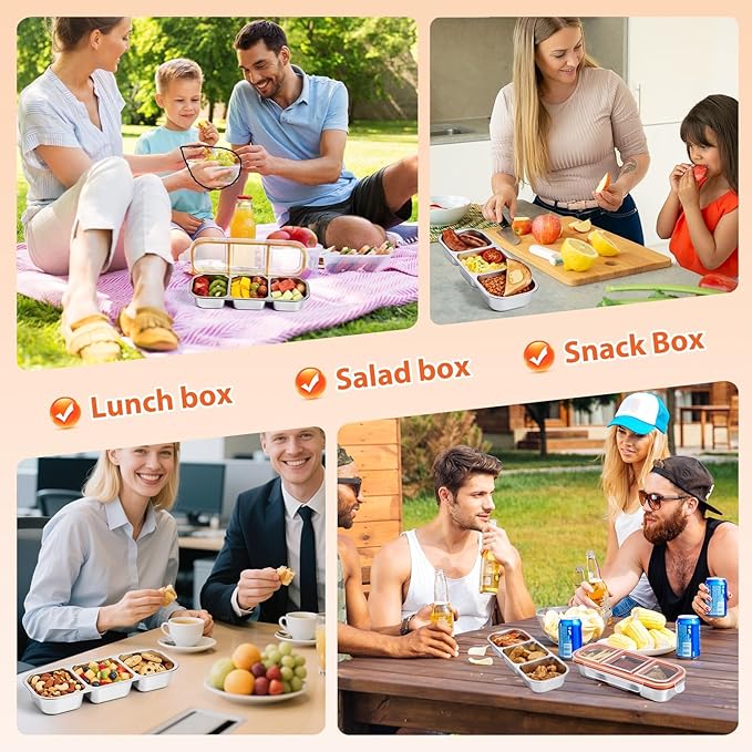 Etvski Stainless Steel Snack Box Container - 2 Pack Bento Box for Kids & Adults, 3 Compartment Leak-Proof Snack Containers with Lids（3Org+3Org）