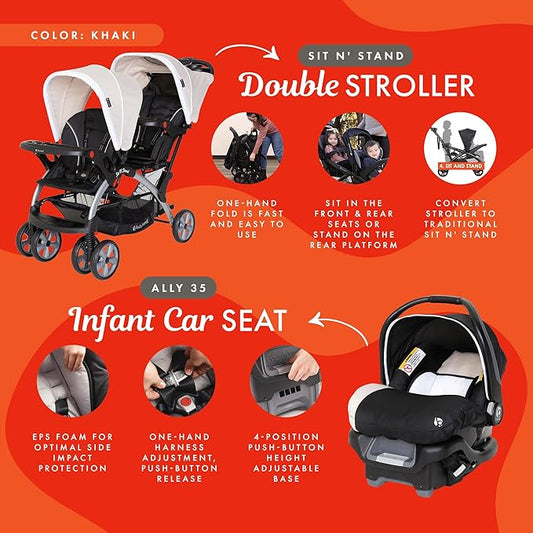 Baby Trend Infant and Toddler Double Stroller & Car Seat Combo, 2 Pc Set, Khaki - Portable and Lightweight Stroller Duo and Car Seat Travel System Tandem