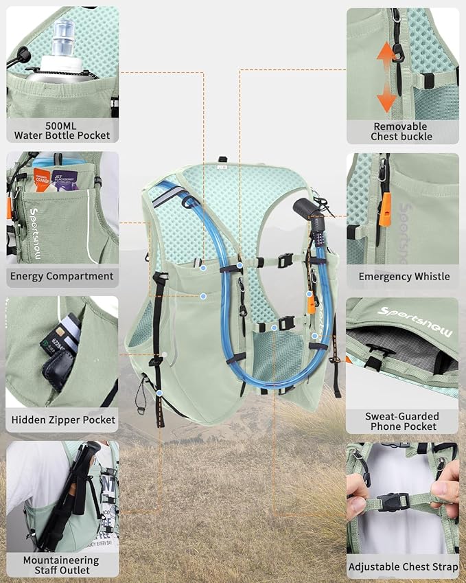 Sportsnew Running Vest for Women Men, Lightweight 10L Hydration Backpack with Waterproof Phone Pocket, Hydration Pack with Water Bladder for Hiking Trail