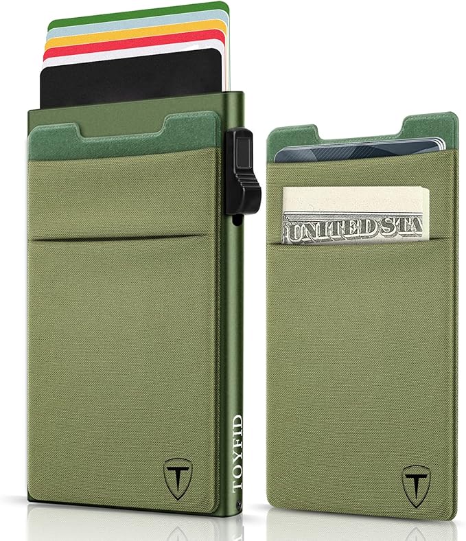 Slim Wallet for Men,Pop Up Credit Card Wallet Aluminum Minimalist RFID Blocking Smart Card Holder with Cash Slot for Front Pocket,6-12 Card Capacity, Green