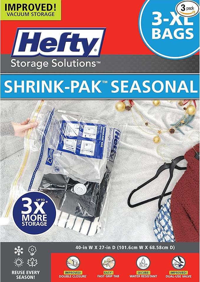 Hefty Shrink-Pak - 3 Extra Large Vacuum Storage Bags for Clothes, Pillows, Towels, or Blankets - Space Saver Vacuum Sealer Bags Ideal Under Bed Storage Solutions