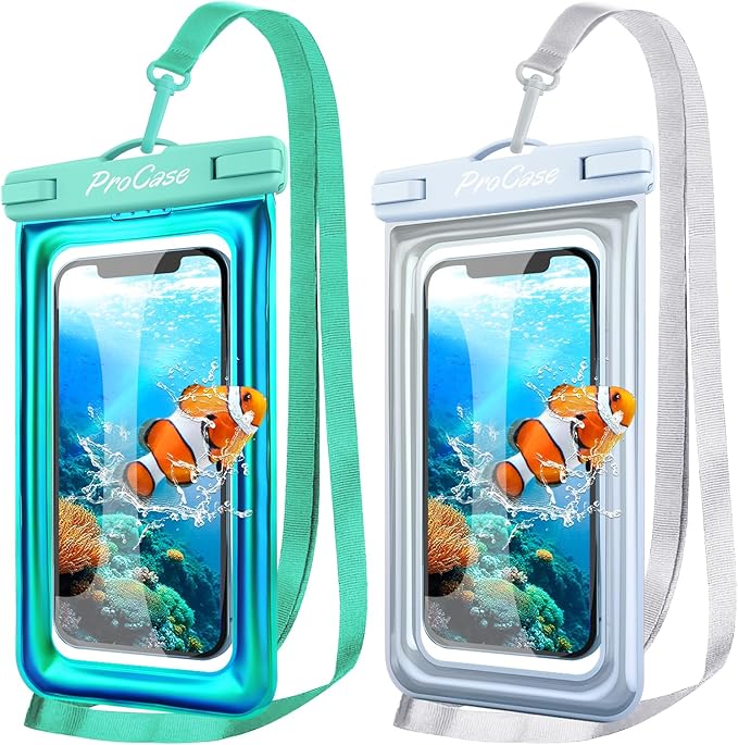 2 Pack ProCase Floating Waterproof Phone Pouch Up to 7", IPX8 Floatable Underwater Phone Case Dry Bag for iPhone 17/Air 16 15 14 13 12 11 Pro Max Xs Max XR X 8 7 Plus SE/Galaxy S24 S23 S22 -WhiteGreen