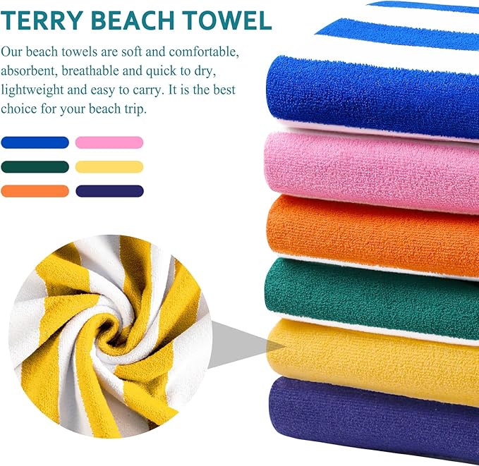 6 Pack Stripe Beach Towel Thin Terry Set Oversized Clearance Pool Accessories Essentials Extra Large XL Big Soft Super Swim Bath Camping Towels for Girls Men Women Adults Gift Yellow