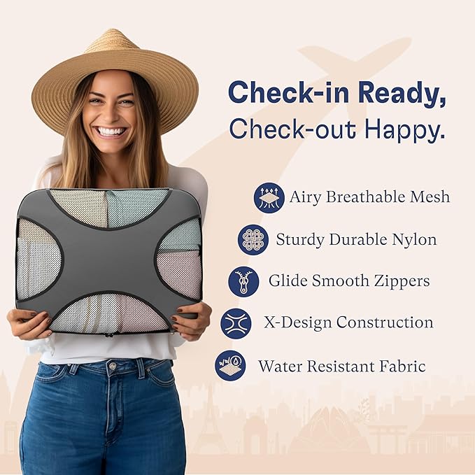 Shacke Premium 8 Packing Cubes Set - Lightweight Mesh Travel Luggage Organizers with Laundry Bag, 8-Piece Suitcase Storage System (Dark Grey)