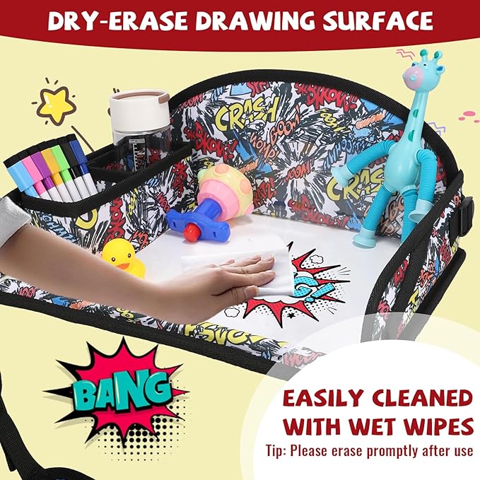 Kids Travel Tray for Airplane - Toddler Car Seat Table Tray, Road Trip Essentials for Boys & Girls, Carseat Lap Desk for Kids Road Trip Activities, Graffiti