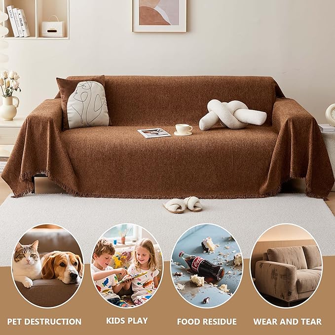 Chenille Couch Cover for 3 Cushion Sofa Pet Friendly Furniture Covers, Boho Sofa Covers Washable L Shape 3 Seater Couch Cover, 71"x 134", Brown