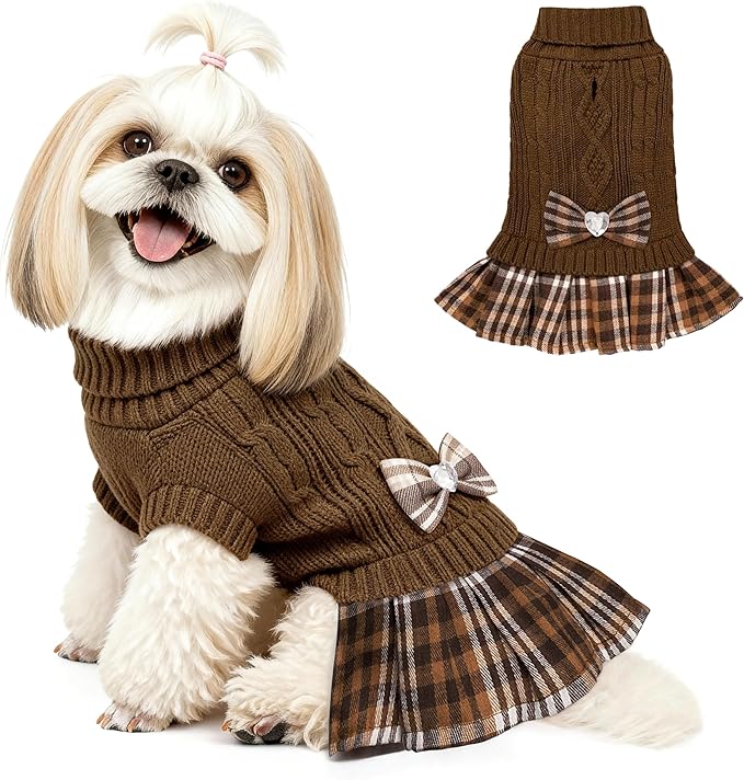 YUDODO Small Dog Sweater Dress with Bowtie Turtleneck - Knitted Pet Girl Dog Winter Clothes - Pet Warm Sweater for Puppy Yorkies, Chihuahua (XL Brown)
