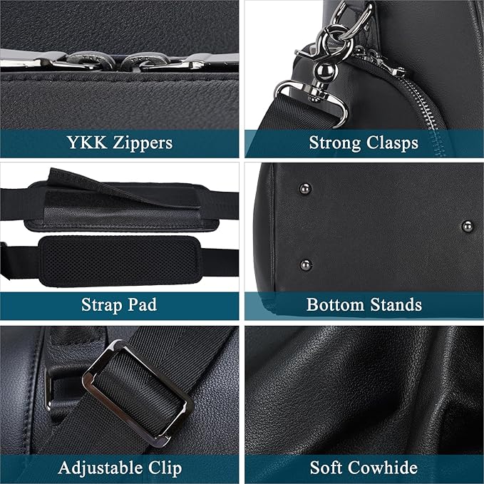 Masa Kawa Black Leather Duffle Bag for Travel Men, 31L Carry On Waterproof Foldable Duffel Bag with Shoe Compartment for Gym, Sports, Overnight Weekender Camping