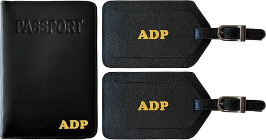 Personalized Monogrammed Black Leather RFID Passport Cover Holder and 2 Luggage Tags