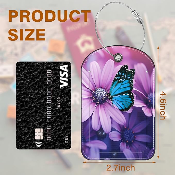 2 Pack Luggage Tag for Suitcase Purple Daisy and Butterfly Leather Suitcase Tags with Privacy Name ID Label and Stainless Steel Loop for Travel Bag