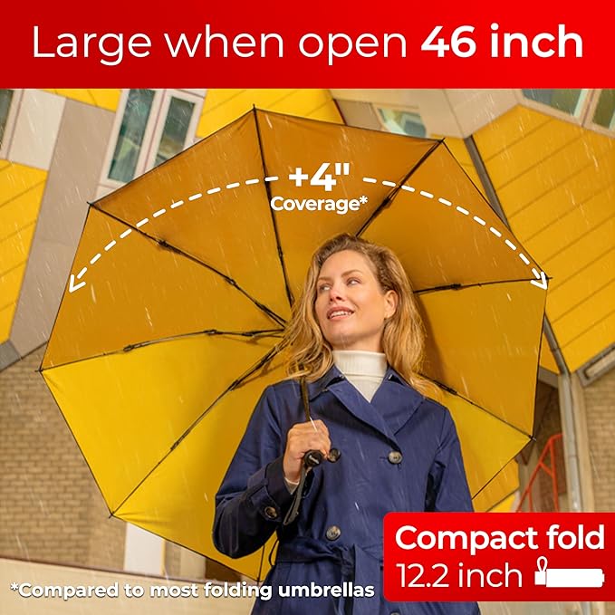 TUMELLA Flip-proof Inverted Travel Umbrella, Small Strong but Light Portable and Automatic Reverse Folding Rain Umbrella, Durable Premium Grip, Fits Car & Backpack