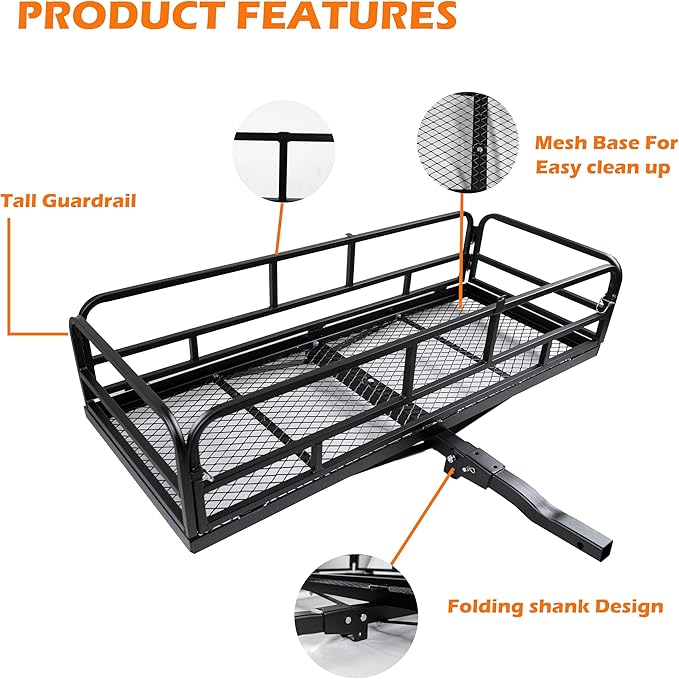 fouwick lugglage Basket 60x24x13 inches, Folds Flat, 600 Lbs Heavy Duty Hitch Cargo Basket Black，Luggage Storage (60x24x13 inch)