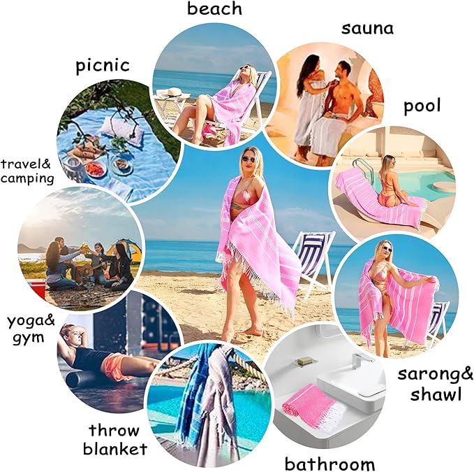 2 Pack Pink Striped Turkish Beach Towels, Super Absorbent & Quick Dry, Sand Free, 39 x 72 Inches