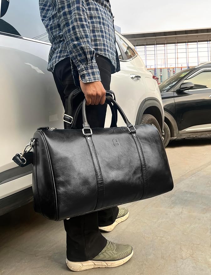 Leather Duffle Bag for Men - Full Grain Leather Travel Bag - TSA Approved Carry On Weekender Overnight Duffel Bag (Black, 20 inch)