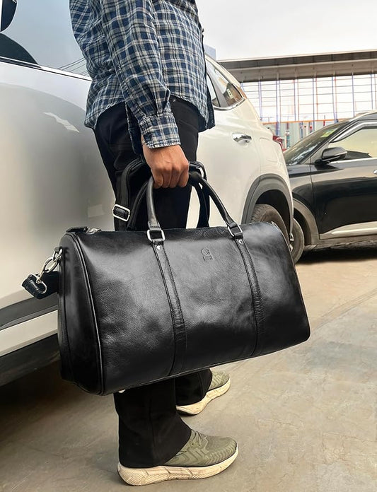 Leather Duffle Bag for Men - Full Grain Leather Travel Bag - TSA Approved Carry On Weekender Overnight Duffel Bag (Black, 20 inch)