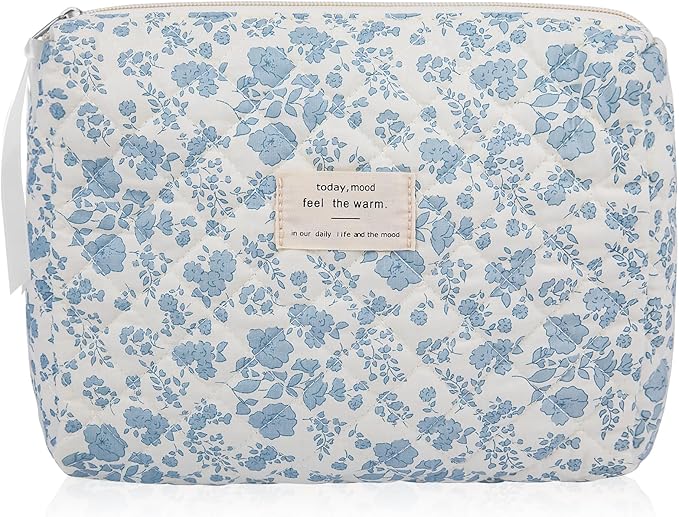 Floral Makeup Bag, Large Cosmetic Bag for Women Girls, Cute Cotton Make up Pouch, Quilted Makeup Bags, Flower Travel Toiletry Organizer Bag(Blue Floral)