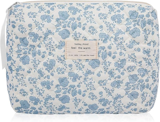 Floral Makeup Bag, Large Cosmetic Bag for Women Girls, Cute Cotton Make up Pouch, Quilted Makeup Bags, Flower Travel Toiletry Organizer Bag(Blue Floral)