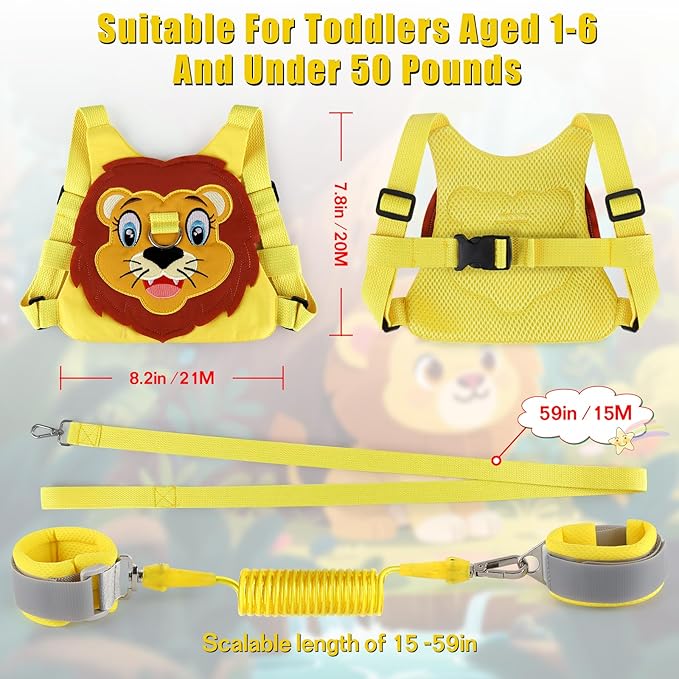 Toddlers Leash + Anti Lost Wrist Link Child Kids Safety Harness Kids Walking Wristband Assistant Strap Belt for Boys Pink Christmas Gift (Yellow)