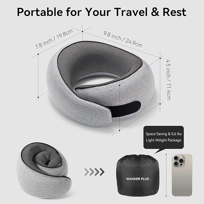 WANDER PLUS® Travel Pillow, 100% Pure Memory Foam Travel Neck Pillow Airplane Neck Support Ergonomic Design Best for Sleeping Plane Car Train Office Flight for Adults Grey