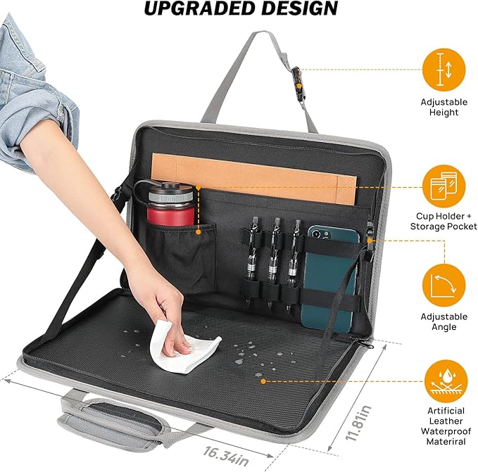 JOYTUTUS 3 in 1 Steering Wheel Eating Tray (Gray), Car Back Seat Laptop Desk, Multifunctional Office Bag, Car Work Table for Writing, Car Organizer for Kids, Commuters, Family