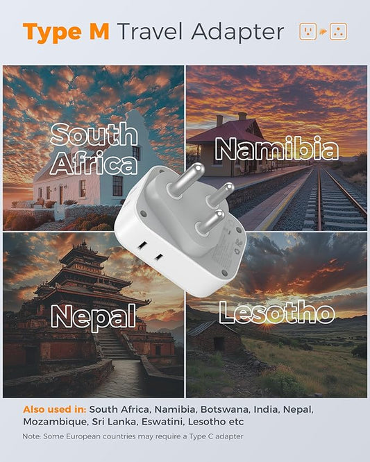 South Africa Plug Adapter 2 Pack, TESSAN Type M Adapter for South Africa with 4 Outlets 3 USB (2 USB-C), Type M Adaptor for US to Namibia Botswana India Nepal Mozambique Sri Lanka