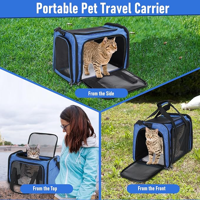 Pet Portable Travel Carrier Bag for Cats Dogs, Mesh Travel Puppy Carrier, Oxford Fabric Large Capacity Breathable Soft-Sided Animals Carrier with Mat Shoulder Strap (Blue)