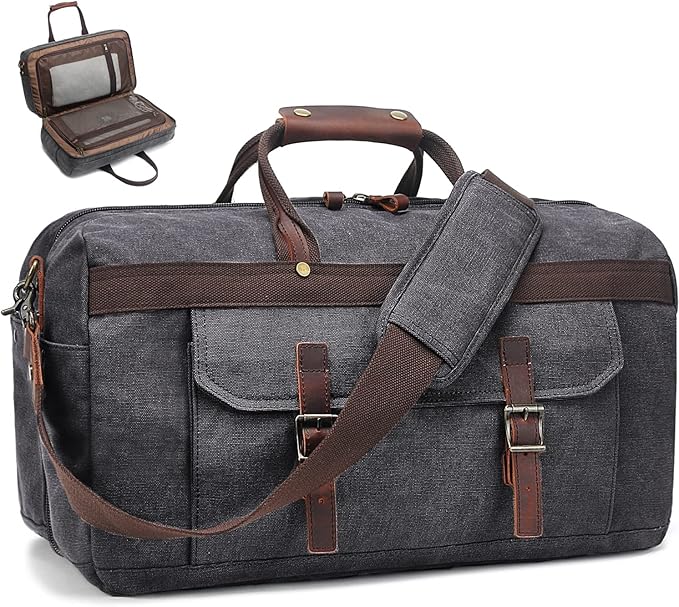 Duffle Bag for Men Waterproof Genuine Leather Canvas Travel Duffel Bags for Women Overnight Weekender Bag for Traveling