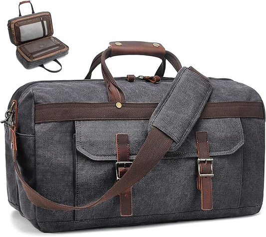 Duffle Bag for Men Waterproof Genuine Leather Canvas Travel Duffel Bags for Women Overnight Weekender Bag for Traveling