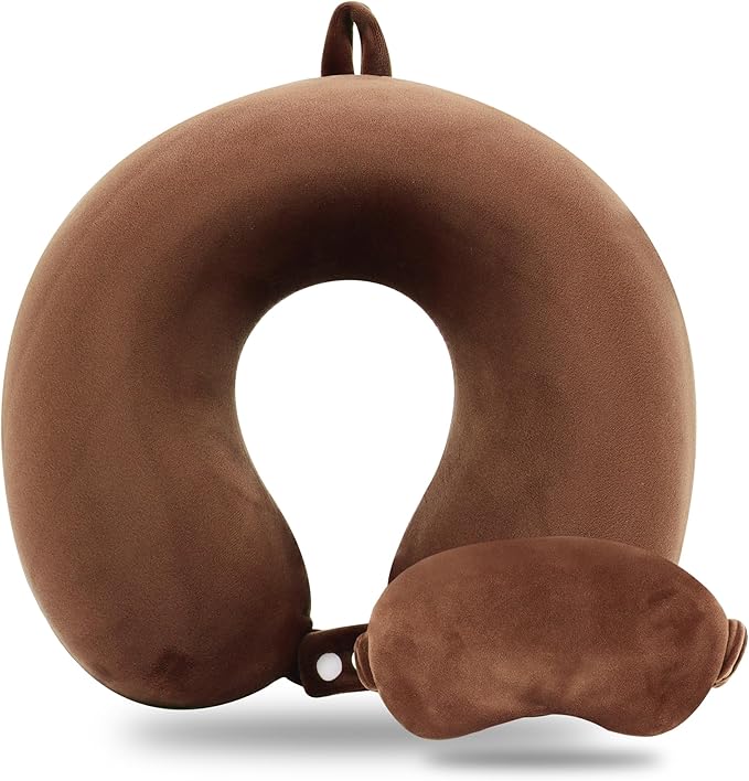 Sexysamba Pure Memory Foam Travel Pillow Set for Adults - Comfortable & Removable Machine Washable Cover, Neck Support Pillow Airplane Travel Kit with Eye Mask for Portable Plane Accessories - Brown
