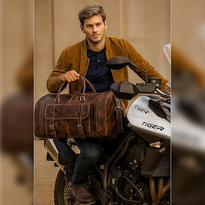 24 Inch Genuine Leather Duffle Bag for Men Travel Overnight Weekender Leather Duffel Bags Sports Gym Duffel for Men and Women Carry On Luggage for Traveling