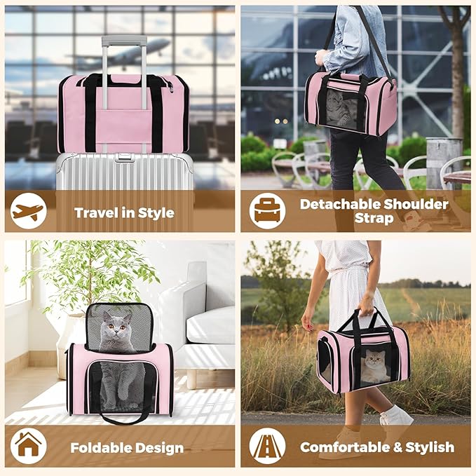 Cat Carrier Soft for Pets Up to 25 Lbs, Cat Travel Bag Soft-Sided with Padded Shoulder Strap, Pet Dog Carriers for Small Dogs Travel Puppy Carry Airline Approved, Pink