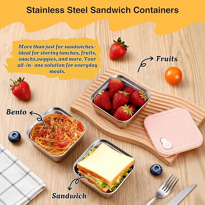 T-Raputa 3Pc Sandwich Containers and Fruit Storage Storage, 20oz 304 Stainless Steel Sandwich Box with Lids, Reusable Metal Meal Prep Lunch Boxes, BPA-Free, Food Storage Containers for Snacks & Fruits