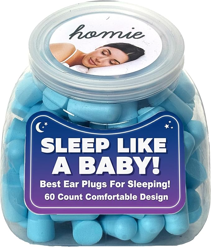 Homie Foam Earplugs for Sleeping, 60 Pair - 33dB Highest NRR, Comfortable Ear Plugs for Sleeping, Snoring, Travel, Concerts, Studying, Loud Noise, Work (Blue, 60 Count)