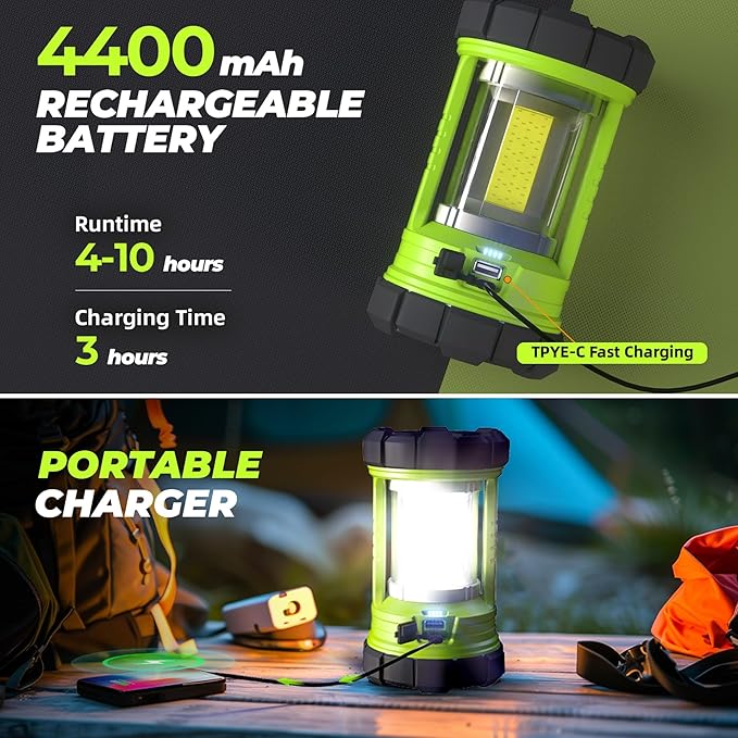Camping Lantern 3000LM, LED Lanterns for Power Outages with 4400mAh Phone Charger, Impact-Resistant Rechargeable Lantern, 5 Light Modes Waterproof Lantern for Hurricane Emergency(Pale Green)