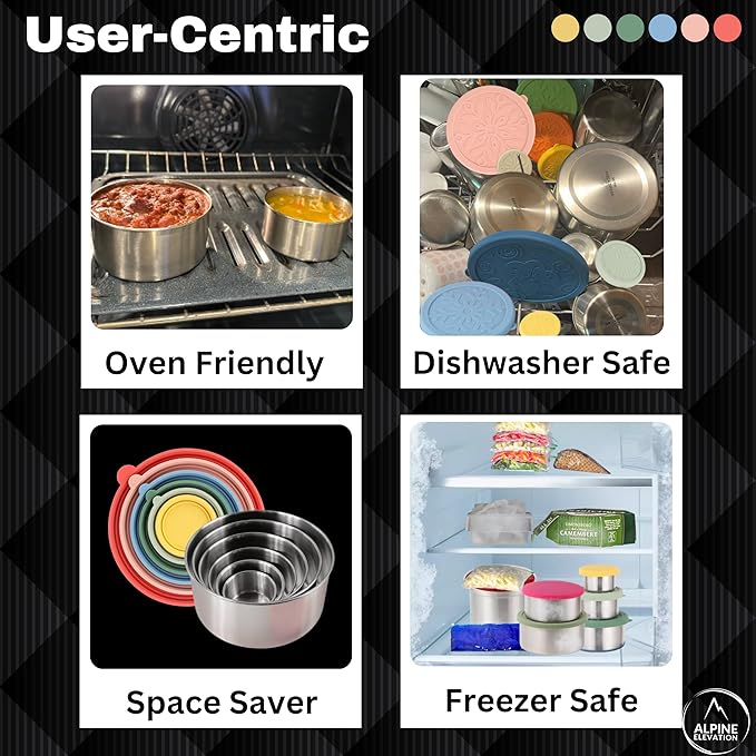 Alpine Elevation 12 Pcs - 6 Stainless Steel Containers + 6 Silicone Lids | 304 Stainless Steel Snack Container | Nesting Snack and Dip Containers | Metal Food Storage