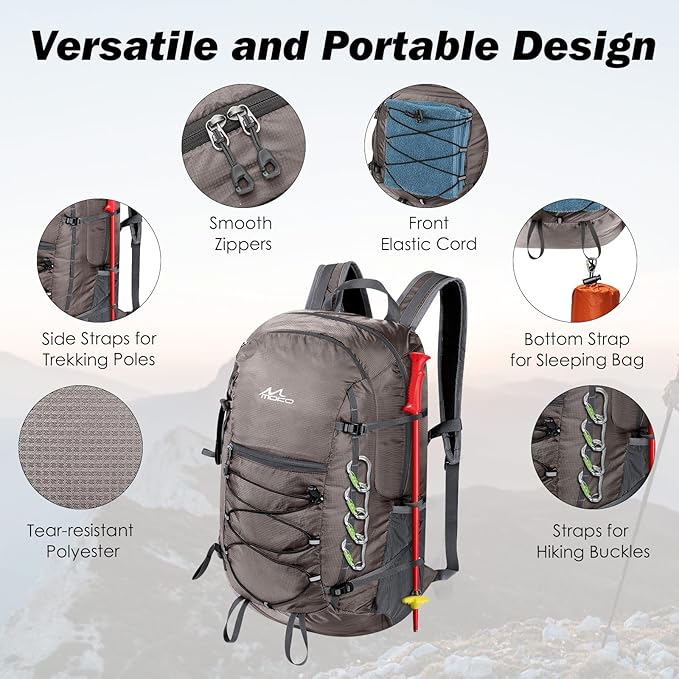 MoKo Hiking Backpack, 40L Large Capacity Camping Backpack with Multiple Pockets, Tear-resistant Travel Daypack for Men Women, Packable and Lightweight Hiking Daypack for Travel Camping Outdoor, Hummus