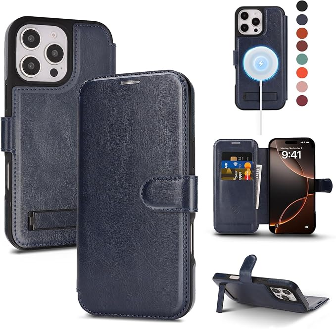 CIVICASE for iPhone 16 Pro Max Wallet Case with Stand,PU Leather Flip Credit Card Holder Slots (RFID Blocking),Compatible with Magsafe Magnetic Holder Phone Cover Women Men,Blue