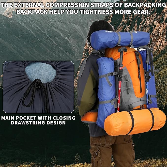 75L Hiking Backpack with Rain Cover Waterproof Camping Backpack Shoes Warehouse for Men Women, Frameless