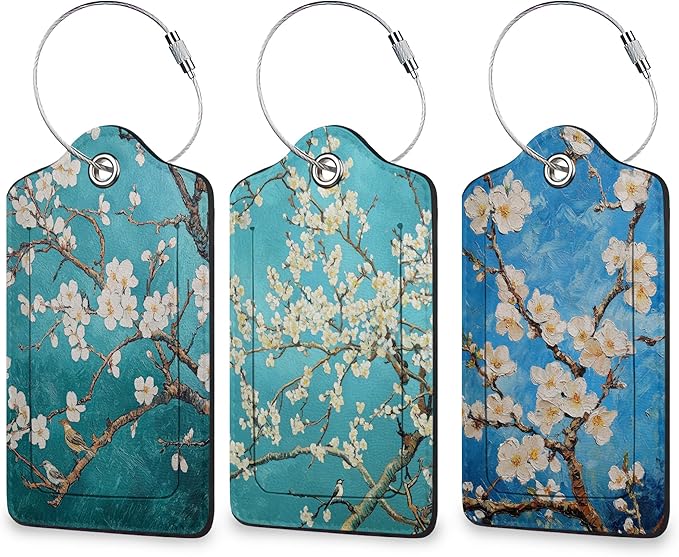Blossoms Luggage Tags for Suitcase 3 Pack, Leather Bag Tags Identifiers with Privacy Name Address Labels and Durable Steel Loop for Men Women Backpack