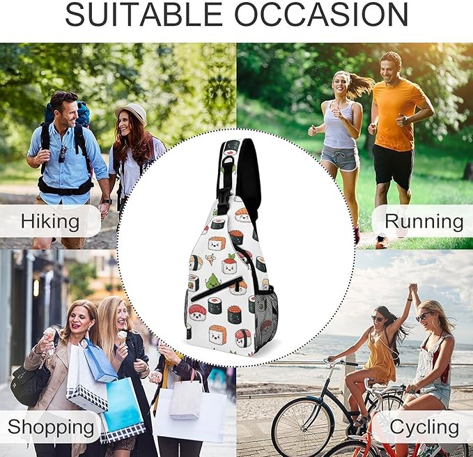 SWEET TANG Cute Sling Shoulder Backpacks Kawaii Food Theme Japanese Sushi Bags Chest Sack, Anti Theft Crossbody Rucksack for Hiking Traveling Sports, Multipurpose Daypacks for Men Women