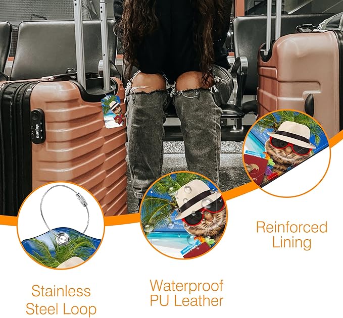 2 Pack Luggage Tag for Suitcase Funny Cat Passport Leather Travel Cruise Luggage Tag with Stainless Steel Loop Name ID Label Privacy Cover for Adults Teens Travel Bag Labels Set