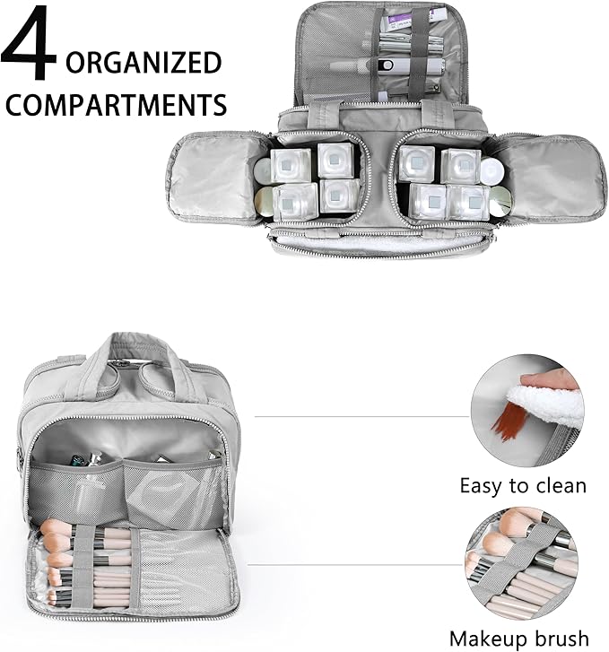 Travel Toiletry Bag for Women, Large Wide-open Puffy Cosmetic Makeup Bag with Wet-Dry Separation, Multi-Pocket Organizer with Carry Handle for Toiletries, Cosmetics, Essentials, Light Grey
