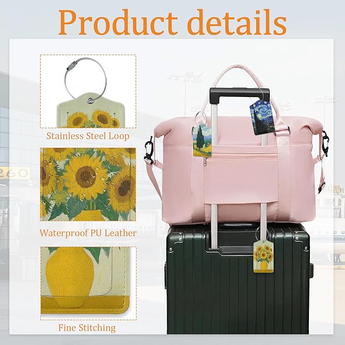 Oil Painting 3 Pack Luggage Tag for Suitcase, Unique Leather Travel Tags Identifiers with Privacy Name Address Labels & Durable Steel Loop for Women Men Travel