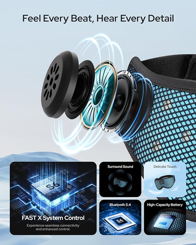 MUSICOZY Bluetooth Sleep Headphones for Side Sleepers, Wireless Headphones with Ultra-Thin Speakers in Comfortable Eye Headphone for Sleeping, Travel, Workout(Mesh Blue)