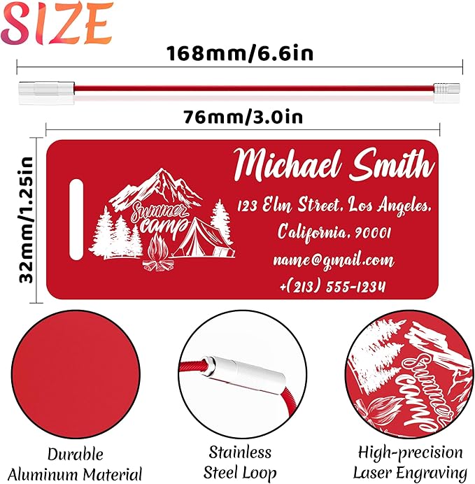 4 PCS Personalized Luggage Tags for Suitcase, Custom Engraved Aluminum Luggage Tags with Your Personalized Text Logo, Metal Name Tags with Steel Loop for Bag, Suitcase, Backpack (Red, Small)