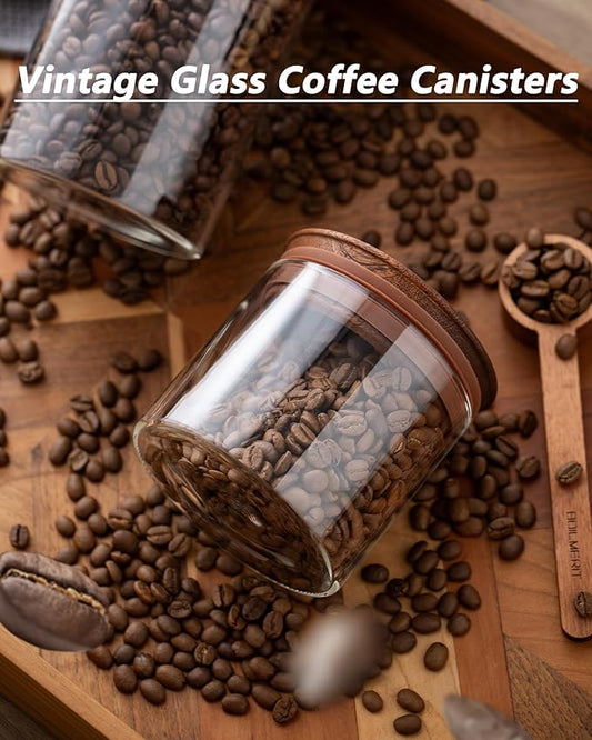 BOILMERIT 17 oz Coffee Canister with Scoop and Wooden Lids, Airtight Glass Coffee Beans Storage Container Sets of 2 for Ground Coffee,Food Storge Jars for Ground Coffee Bar Cereal Snack