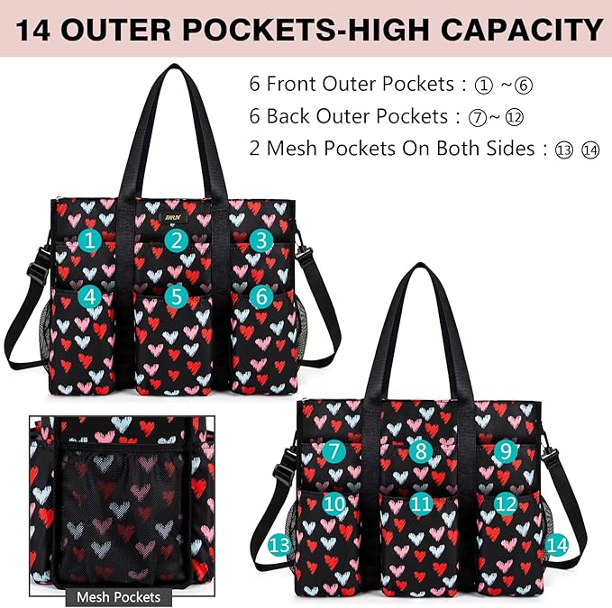 IBFUN Utility Tote Bag with 14/24 Pockets Zip Top Teacher Tote Bag for Teacher/Work Women