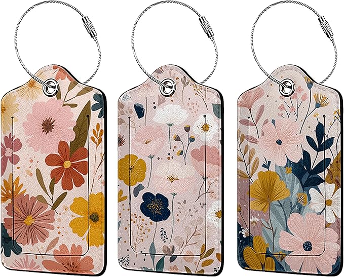 Creative Vintage Floral 3 Pack Luggage Tags, PU Leather Luggage Tags for Suitcase,Name ID Labels with Privacy Cover Suitcases and Metal Loop for Travel Bag Suitcase